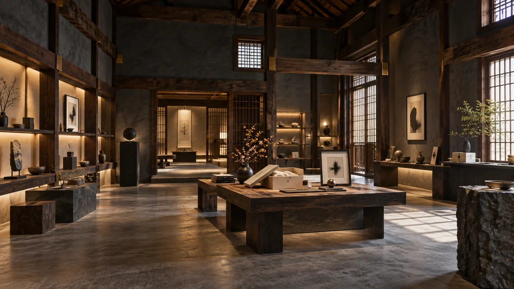 木の展示台に桐箱と額装作品を配した、江戸座 御蔵のイメージ